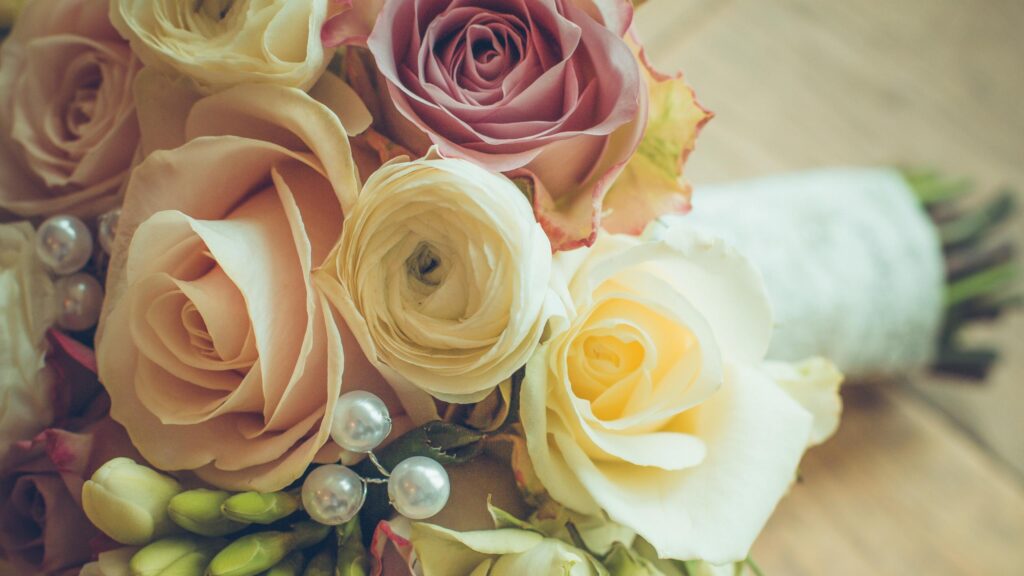 Elegant Pastel Floral Wedding Bouquet with Pearls 4K Wallpaper