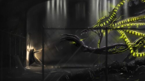 Dark Sci-Fi Combat Man Against Alien Monster 4K Wallpaper