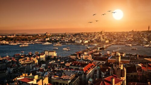Breathtaking Istanbul Cityscape at Sunset Overlooking the Bosphorus PC Wallpaper