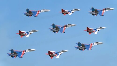 Russian Swifts Aerobatic Team MiG-29 Fighter Jets Formation 4K Desktop Wallpaper