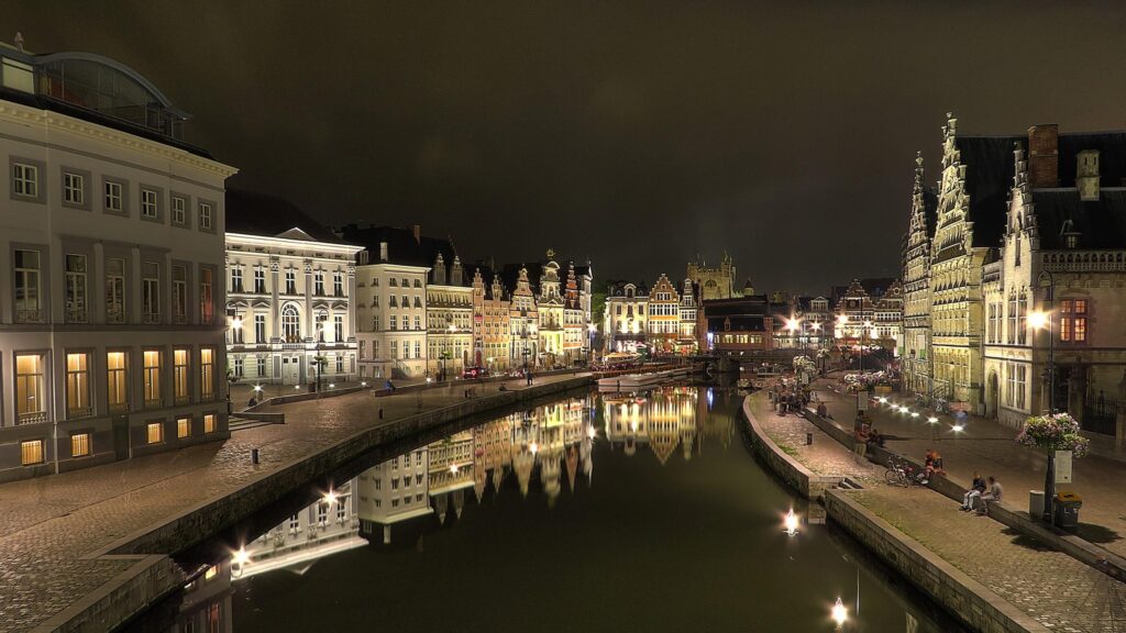 Ghent Night Canal View with Historic Flemish Architecture 4K Desktop Wallpaper