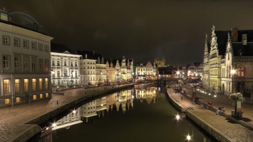 Ghent Night Canal View with Historic Flemish Architecture 4K Desktop Wallpaper