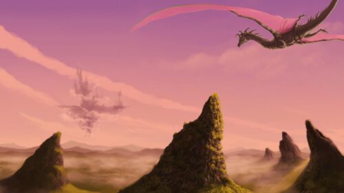Fantasy Dragon Flying Above Floating Castle and Misty Mountains 4K Wallpaper