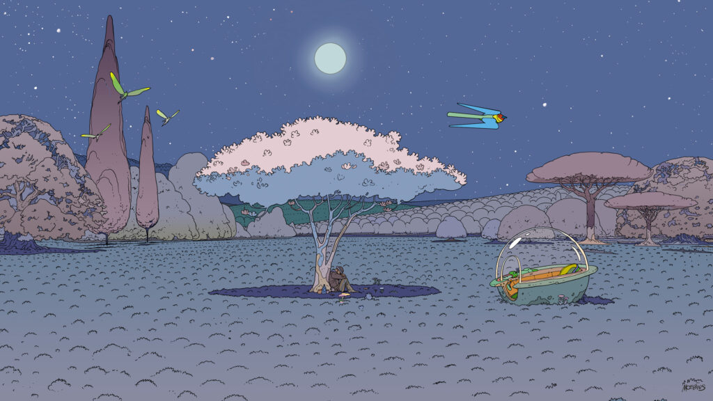 Moebius Surreal Landscape with Traveler and UFO PC Wallpaper