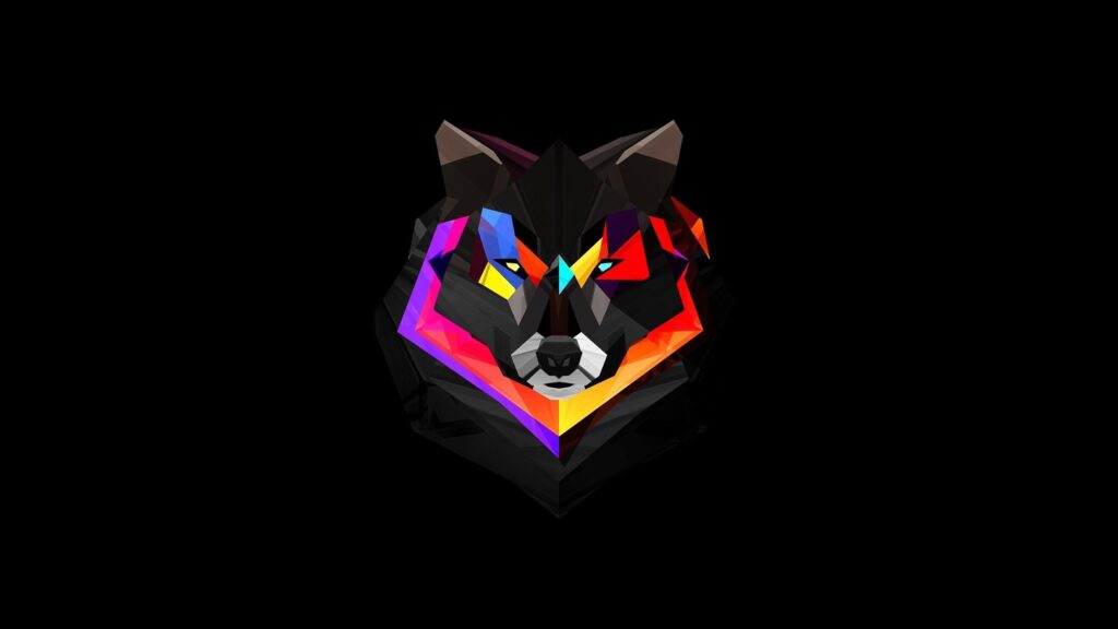 Abstract Geometric Wolf Head with Vibrant Neon Accents 4K Desktop Wallpaper
