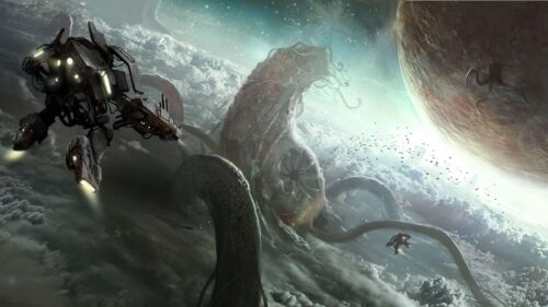 Epic Sci-Fi Space Battle with Colossal Alien Creature 4K Desktop Wallpaper