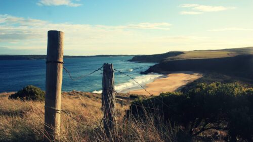 Coastal Fence overlooking Sandy Beach and Ocean Horizon Desktop Wallpaper