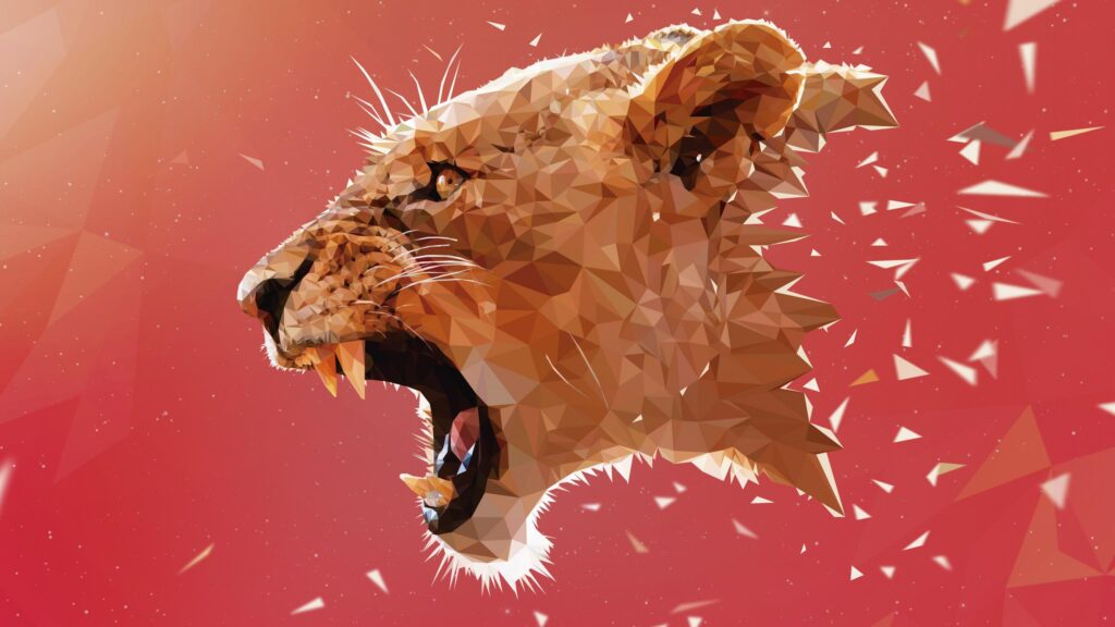 Low Poly Roaring Lion Geometric Art Red Background 4K Desktop Wallpaper