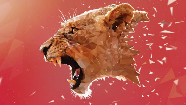 Low Poly Roaring Lion Geometric Art Red Background 4K Desktop Wallpaper