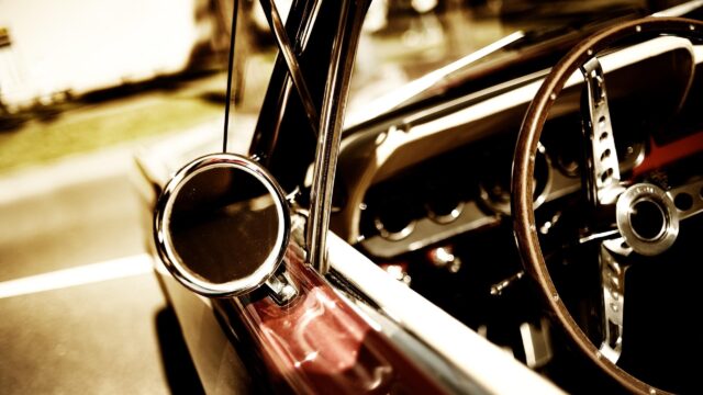 Vintage Classic Car Interior with Wooden Steering Wheel Desktop Wallpaper