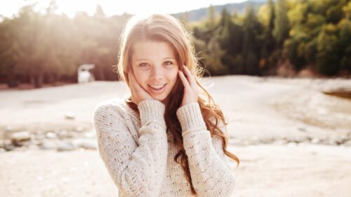 Beautiful Young Woman Wearing White Knitted Sweater Outdoor Portrait 4K Desktop Wallpaper