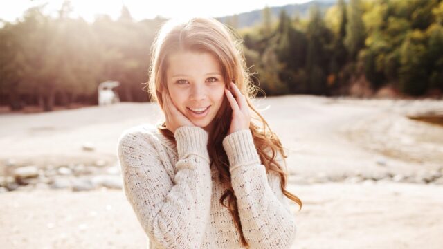 Beautiful Young Woman Wearing White Knitted Sweater Outdoor Portrait 4K Desktop Wallpaper