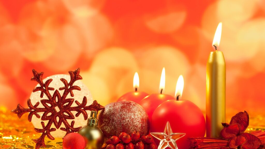 Festive Christmas Candles and Ornaments Warm Holiday Glow 4K Wallpaper