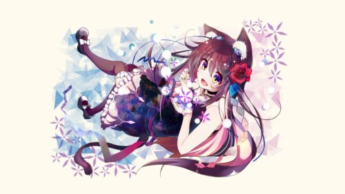 Cute Anime Cat Girl with Galaxy Dress and Floral Accents Desktop Wallpaper