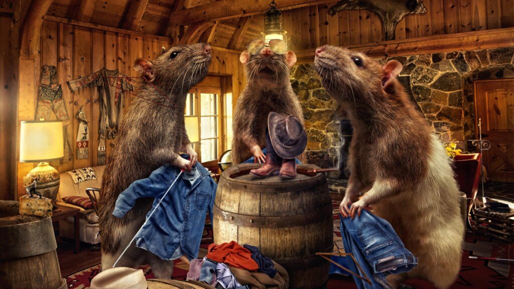Humorous Rats Dressing Up in a Rustic Cabin 4K Desktop Wallpaper