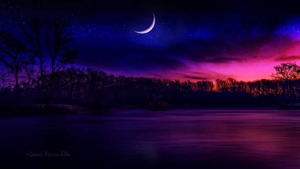 Stunning Purple and Pink Sunset Lake Scenery with Crescent Moon 4K Wallpaper