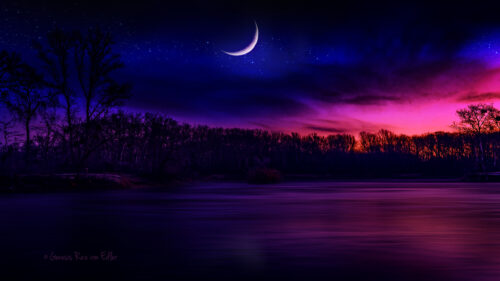Stunning Purple and Pink Sunset Lake Scenery with Crescent Moon 4K Wallpaper