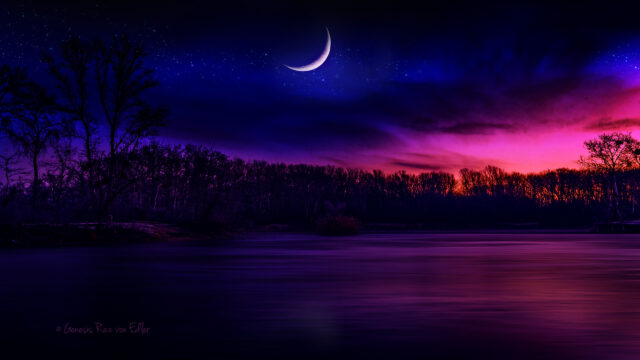 Stunning Purple and Pink Sunset Lake Scenery with Crescent Moon 4K Wallpaper