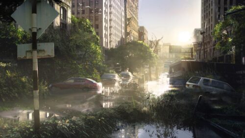 Post-Apocalyptic Flooded City Street Aesthetic Desktop Wallpaper