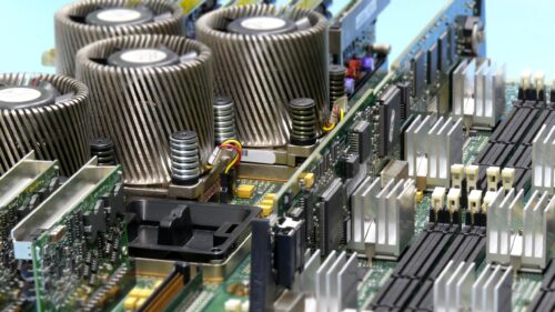 Close-up Technical View of Computer Server Motherboard CPU Coolers 4K Wallpaper