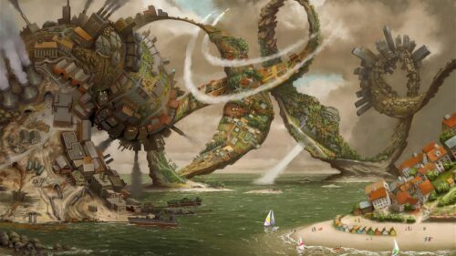 Surreal Floating Steampunk World with Urban Landscapes and Ocean Views 4K Desktop Wallpaper