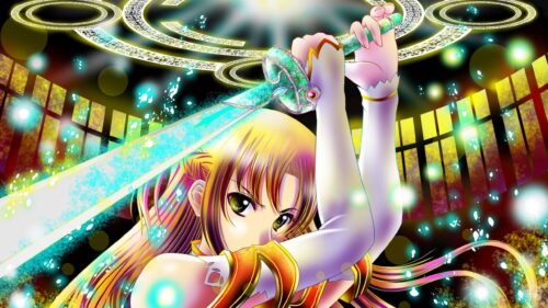 Anime Warrior Girl Holding Glowing Magic Sword 4K Desktop Wallpaper