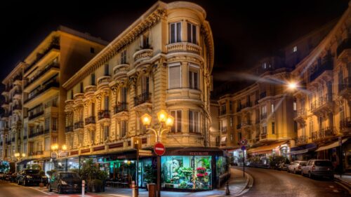 Beautiful European Street Scene at Night with Architecture and Flower Shop PC Wallpaper