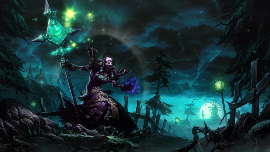Undead Necromancer Casting Dark Magic in a Haunted Forest 4K Desktop Wallpaper