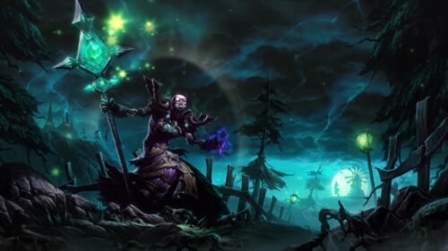 Undead Necromancer Casting Dark Magic in a Haunted Forest 4K Desktop Wallpaper