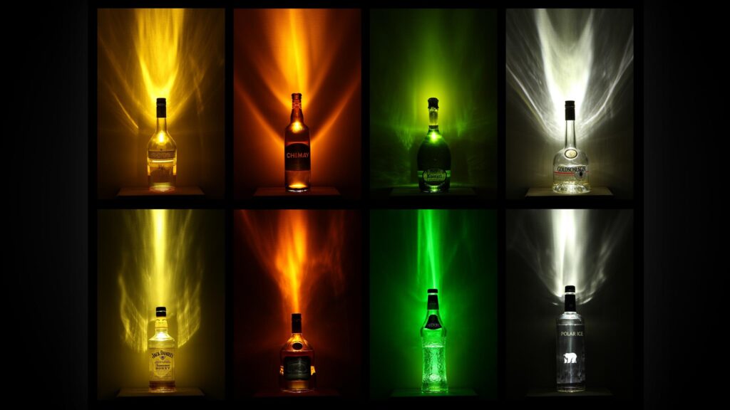Vibrant Alcoholic Beverage Bottle Collection with Light Refractions 4K Desktop Wallpaper