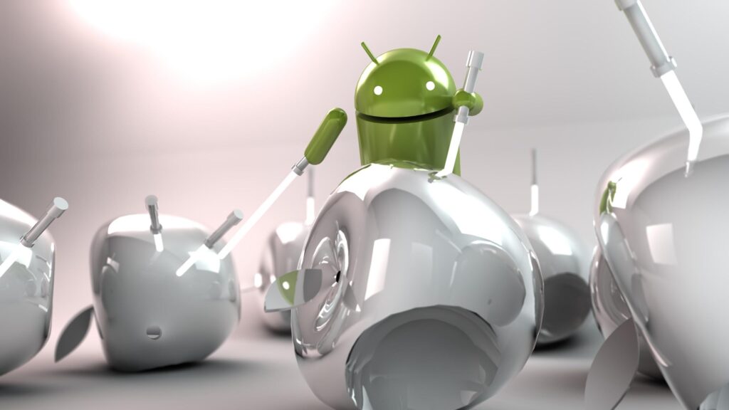 Android Robot vs Silver Apples Creative Tech 4K Desktop Wallpaper