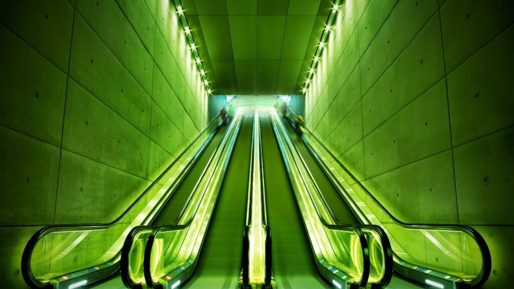 Futuristic Green Subway Escalator Tunnel Aesthetic 4K Wallpaper