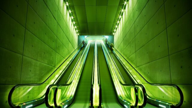Futuristic Green Subway Escalator Tunnel Aesthetic 4K Wallpaper