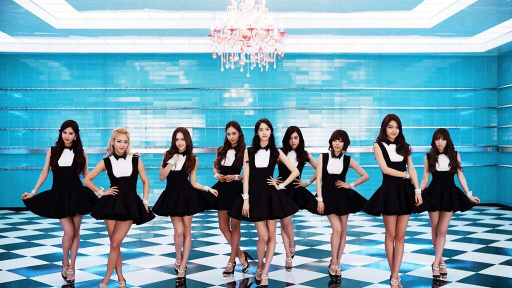 Girls Generation K-Pop Group in Black and White Uniforms Desktop Wallpaper