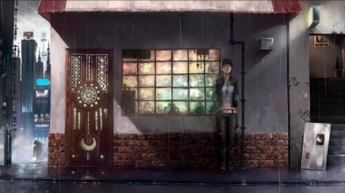 Anime Girl Standing in the Rain Urban Night Cityscape 4K Desktop Wallpaper