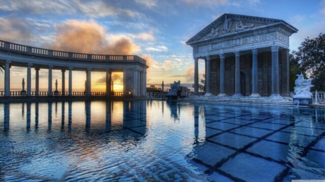 Neoclassical Architecture Pool at Sunrise 4K Desktop Wallpaper