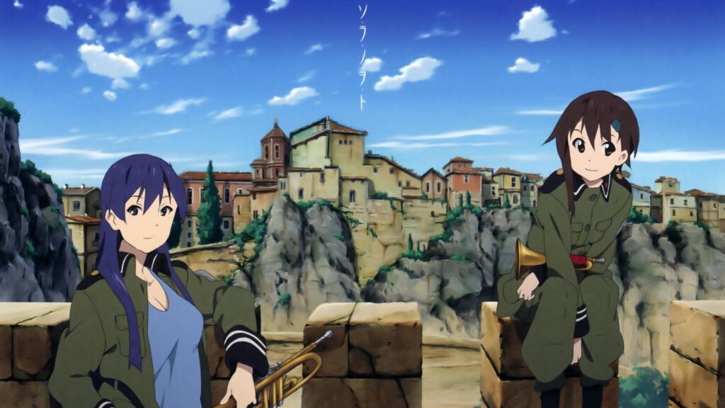 Anime Girls with Trumpets in a Scenic European Village Landscape 4K Desktop Wallpaper