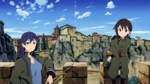 Anime Girls with Trumpets in a Scenic European Village Landscape 4K Desktop Wallpaper