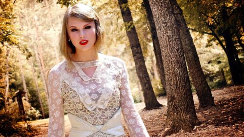 Beautiful Taylor Swift in Lace Dress Autumn Forest PC Wallpaper