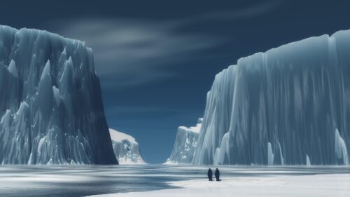 Minimalist Antarctic Landscape with Penguins 4K Desktop Wallpaper