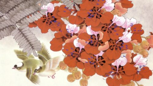 Elegant Traditional Japanese Art Style Birds and Red Flowers Desktop Wallpaper