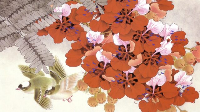 Elegant Traditional Japanese Art Style Birds and Red Flowers Desktop Wallpaper