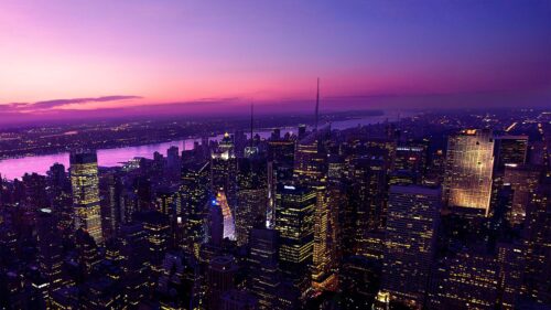 Breathtaking New York City Skyline at Sunset Purple Twilight 4K Desktop Wallpaper