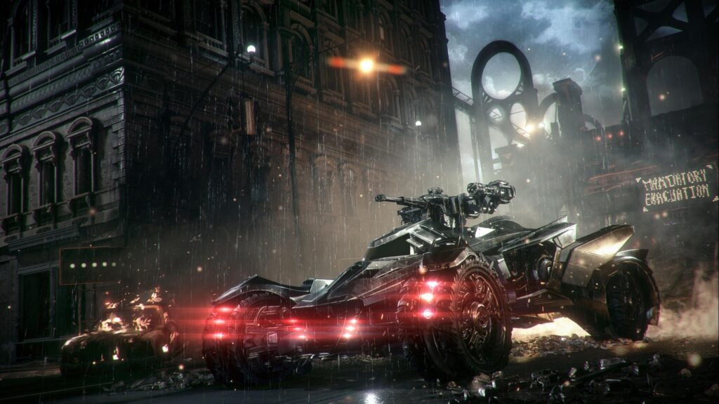 Batman Arkham Knight Batmobile in Gotham City Rain 4K Desktop Wallpaper