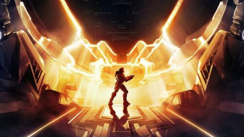 Master Chief Standing in Forerunner Structure Halo 4K Desktop Wallpaper