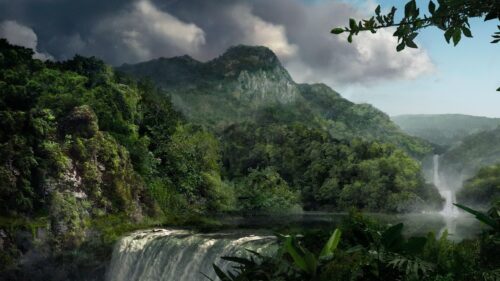 Majestic Jungle Waterfall Hidden in Tropical Mountains 4K Desktop Wallpaper