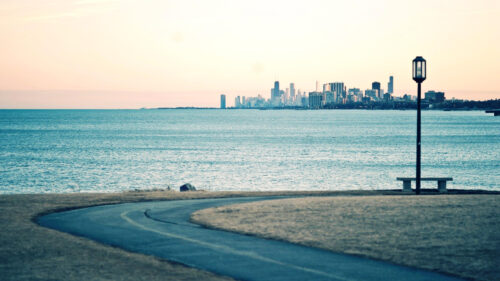 Stunning Chicago Skyline View from Lakefront Park at Sunset PC Wallpaper