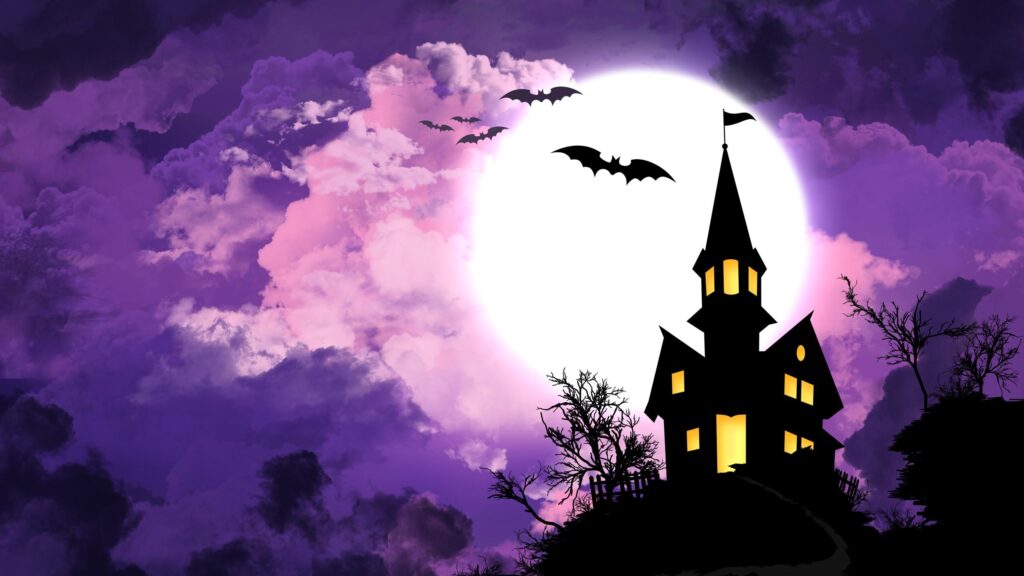 Spooky Haunted House Under Full Moon Purple Halloween Desktop Wallpaper