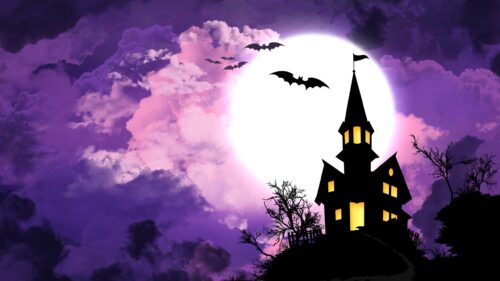Spooky Haunted House Under Full Moon Purple Halloween Desktop Wallpaper
