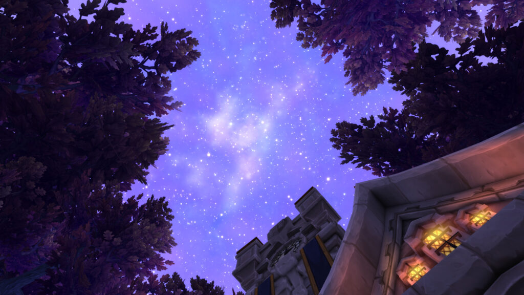 Enchanted Night Sky over Fantasy Architecture Desktop Wallpaper